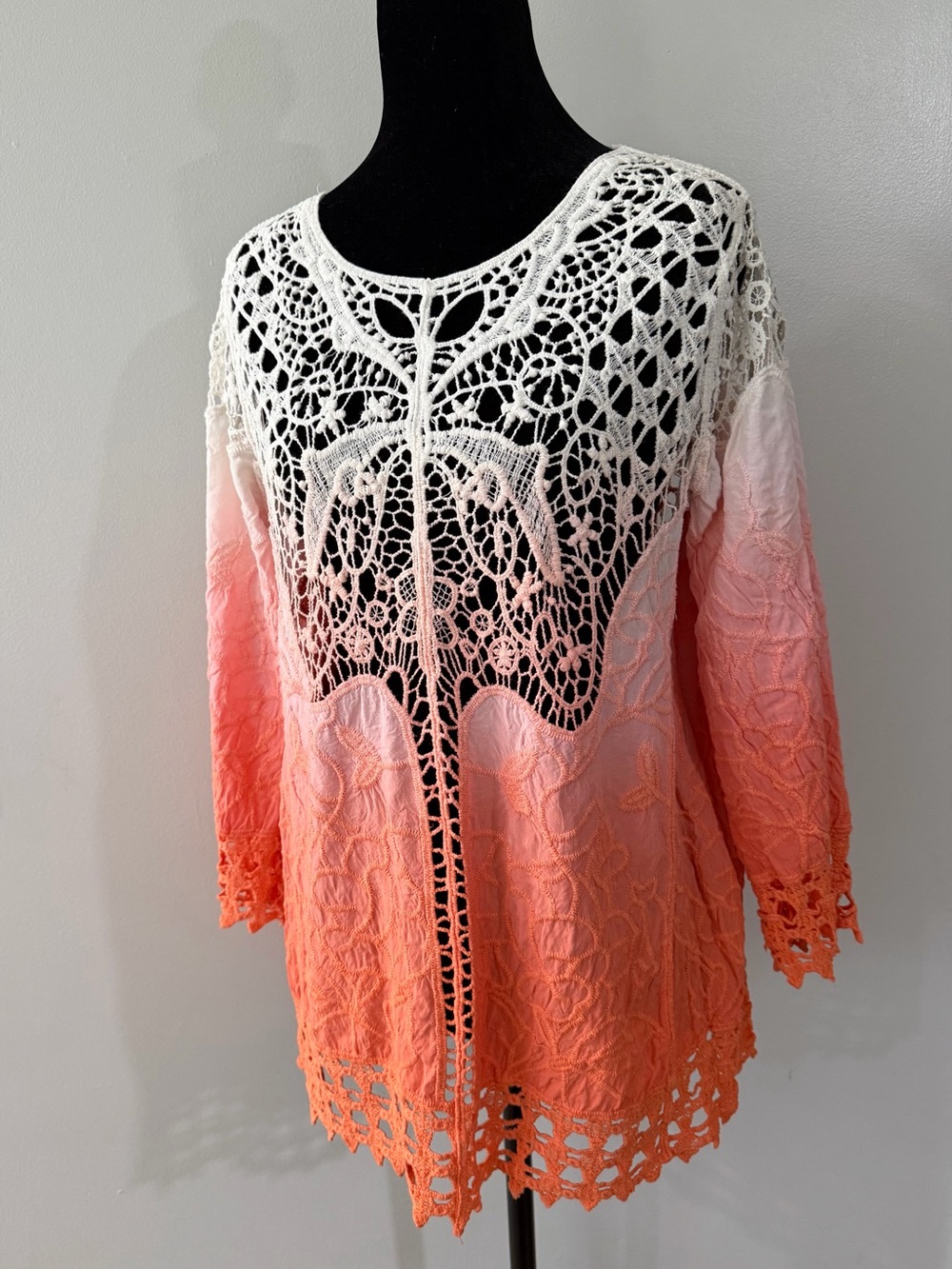 White Orange Pink Crochet Ombre Eyelet Embroidered Women’s Swim Cover-Up Blouse